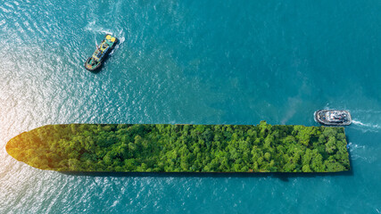 Container cargo ship green Leave Supply Chain green Sustainability. Reduce co2 carbon goals low emission net zero pollution. renewable diesel carbon taxes smart freight catalytic AI tacking ocean.