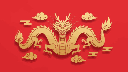 Golden Chinese Dragon with Clouds on Red Background for Lunar New Year.