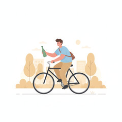 Naklejka premium Young man rides bicycle while holding bottle, showcasing casual and carefree lifestyle. background features cityscape with trees, creating vibrant urban atmosphere