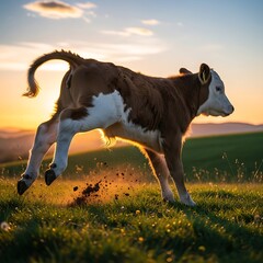 A playful calf leaps through a grassy field at sunset, kicking up dust and showcasing the golden light of the setting sun.