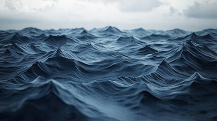 Vast expanse of dark ocean waves under cloudy sky creates dramatic and moody atmosphere. glossy surface of water reflects muted light, enhancing texture of waves