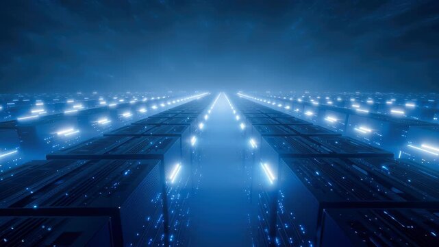 Futuristic technology network server corridor cyberspace with blue neon light, information security and datum stream endless data center vault where glowing racks suggest secure processing and silent