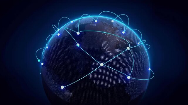 Global network digital world data flow blue glow dotted globe connectivity cyber technology map nodes, glowing earth digital globe data network blue light dotted map global connection background