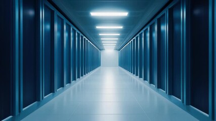 Futuristic data center corridor with blue server rack technology power cyberspace, secure information flow and datum streams, modern hallway infrastructure with symmetric perspective, glossy floor - Powered by Adobe