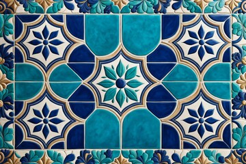 Ornate geometric pattern with blue and turquoise tiles. Traditional arabic or moroccan design for backdrop and decoration.