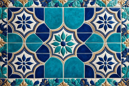 Ornate geometric pattern with blue and turquoise tiles. Traditional arabic or moroccan design for backdrop and decoration.
