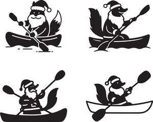 Festive Fox Christmas Kayaking Adventure Silhouette Vector Set: Holiday Paddling Animals Graphic Bundle