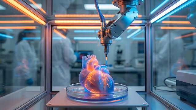 Robotic arm 3d bioprinting a human heart organ in a futuristic laboratory setting