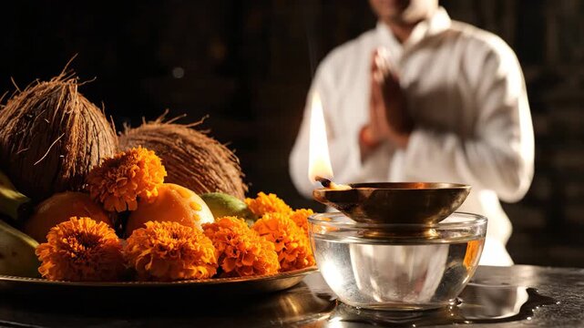 Devotee praying with hands folded near coconuts marigold flowers diya in low key lighting for makar sankranti pongal festival