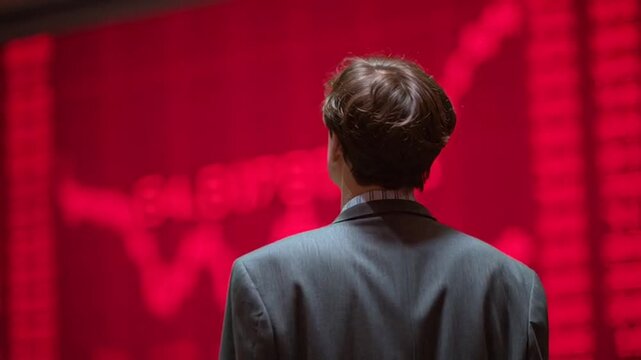 Businessman observing stock market trends, red graph indicating market volatility, financial analysis during economic downturn