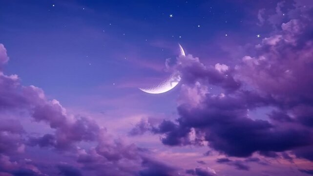 Crescent moon in a serene twilight sky, purple clouds create a mystical atmosphere, evokes peace and introspection, perfect for Ramadan themes