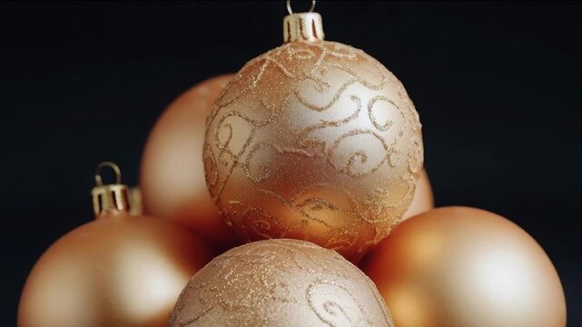 Shimmering gold ornaments stacked elegantly, festive baubles evoke holiday cheer, intricate patterns create a luxurious winter ambiance