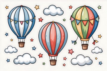 Watercolor hot air balloons illustration. Cute hand painted set with striped balloons, clouds and stars, perfect for nursery decor, baby shower invitations, kids posters and party design.