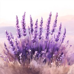 Obraz premium Artistic watercolor illustration of a blooming lavender bush in a field, a serene and fragrant floral scene with an impressionistic touch