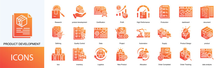 product development icon collection set. Containing Certification, Profit, High Performance, Production, dashboard, document icon