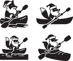 Festive Fox Christmas Kayaking Adventure Silhouette Vector Set: Holiday Paddling Animals Graphic Bundle