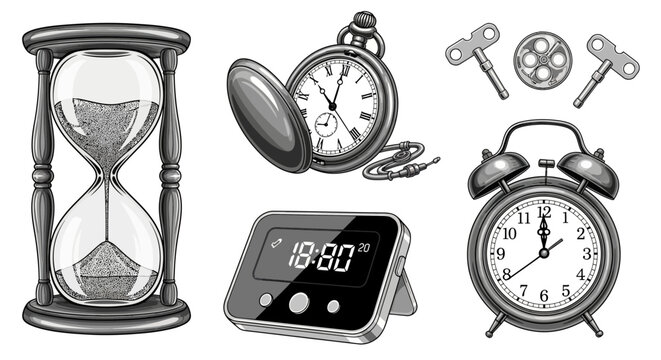 Collection of various time-measuring devices including hourglass, pocket watch, digital timer, and alarm clock in monochrome style.