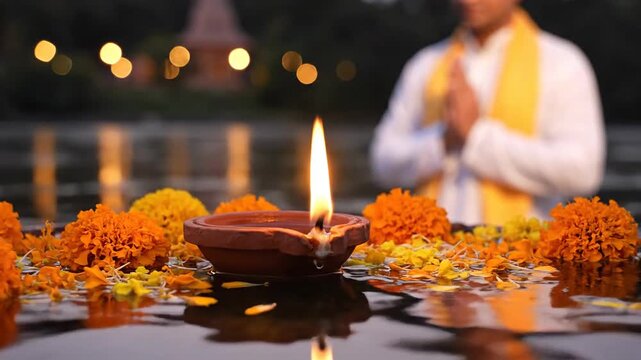 Lit Diya and Marigold Flowers Floating During Indian Festival Prayer