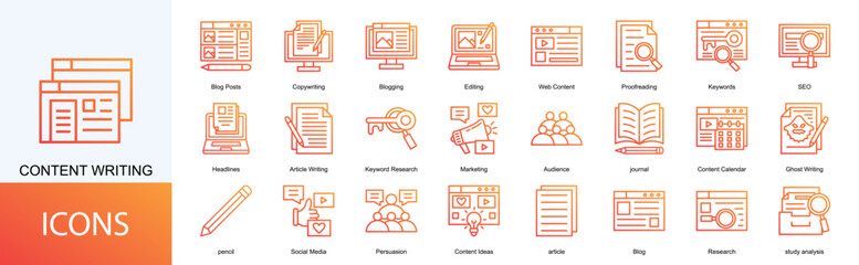 content writing icon collection set. Containing  Copywriting, Blogging, Editing, Web Content, Proofreading, Keywords, SEO icon