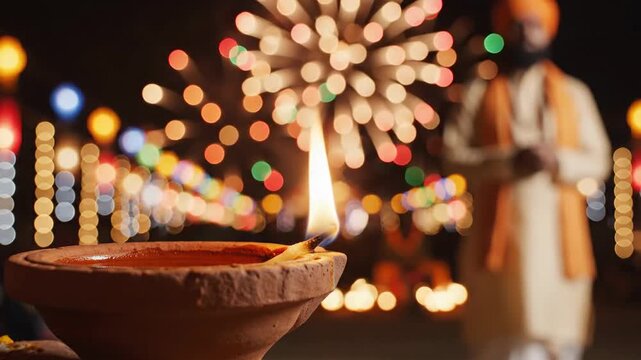 Lit Clay Diya Lamp Foreground Traditional Indian Festival Night Celebration