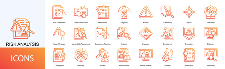risk analysis icon collection set. Containing Assessment, Mitigation, Hazard, Vulnerability, Impact, Probability icon