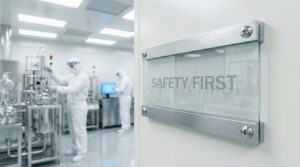 A 'SAFETY FIRST' sign at a high-tech cleanroom where scientists in protective suits work with advanced machinery, emphasizing stringent protocols.