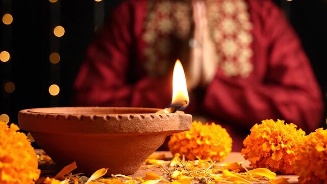 Traditional Clay Diya Lamp Marigold Flowers Hindu Festival Prayer