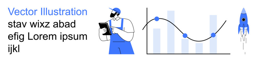 Business growth, data analysis, innovation, performance tracking, progress, technology. Worker with clipboard, graph and rocket. Business growth and data analysis visually