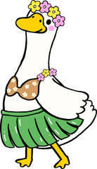 Summer Silly Goose Wearing Hula Outfit and Lei Cartoon Hand Drawn © Natsicha