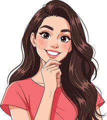 Cartoon woman smiling with hand on chin, cheerful pose, coral shirt, expressive avatar illustration for character design and storytelling.