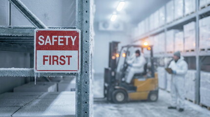 A prominent 'Safety First' sign on a frosty rack in a cold storage warehouse, with workers and a forklift, emphasizing industrial safety and cold chain.