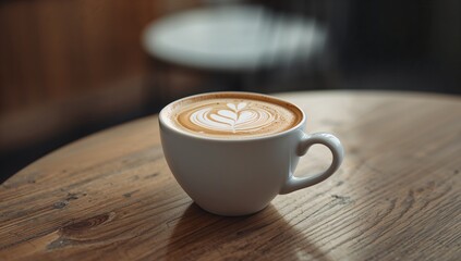 Delicious latte art coffee in a white cup on a rustic wooden table