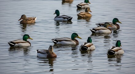 A calm waterway scene showcases a group of mallards gracefully gliding across the tranquil water.