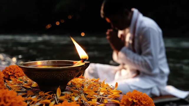 Sacred Diya Lamp Offering During Hindu Ritual Prayer by River