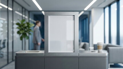 Modern office space featuring a blank vertical display on a counter, ideal for branding and announcements. Blurred professional and city views in background.