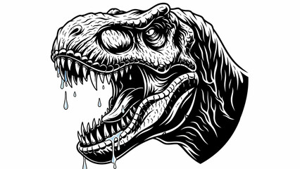 Fierce Tyrannosaurus Rex Head Roaring Illustration in Black and White Tattoo Style