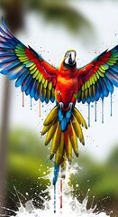 A vibrant, colorful macaw takes flight, its wings outstretched and adorned with paint splatters and drips of color, showcasing a dynamic, artistic portrayal of the bird in motion.