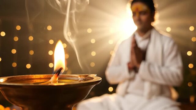 Hindu Priest Praying with Diya Lamp Flame and Smoke During Festival