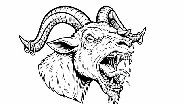Fierce Black and White Vector Illustration of a Monstrous Angry Baphomet Goat Head with Horns