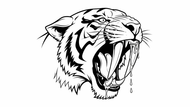 Fierce Saber Toothed Tiger Head Cartoon Mascot Logo Design Black and White Outline