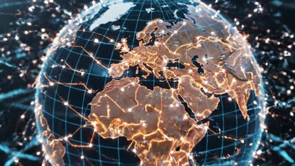 Digital globe with illuminated network connections highlighting Europe, Africa, and Asia, showcasing futuristic technology and global communication through advanced digital network connection systems - Powered by Adobe