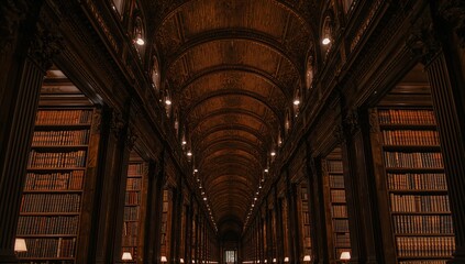 Fototapeta premium Elegant library interior with rows of books and ornate wooden architecture
