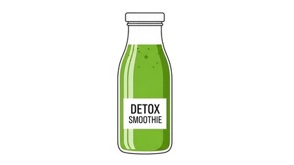 Fresh green detox smoothie in a clear glass bottle with a label that reads 'DETOX SMOOTHIE' isolated on white