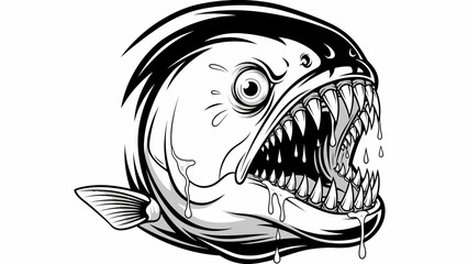 Aggressive Black and White Anglerfish Head Illustration with Sharp Teeth