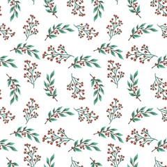 a seamless floral pattern with hand-drawn green foliage, red berries, and flower elements&mdash;perfect for Christmas crafts, digital papers, wallpapers, festive designs, and seasonal creative projects.