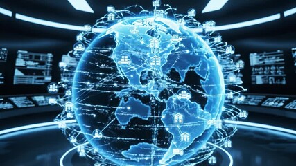 Digital globe network with futuristic technology interface showcasing global communication, transportation logistics, and advanced digital connection in glowing blue control room environment - Powered by Adobe