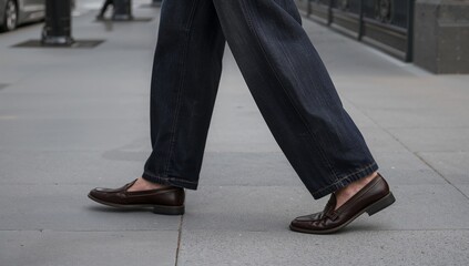 man's legs and feet in brown leather loafers walking on a city sidewalk