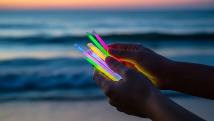 Holding a handful of glowing neon-colored glow sticks at twilight on a beach with the ocean in the background