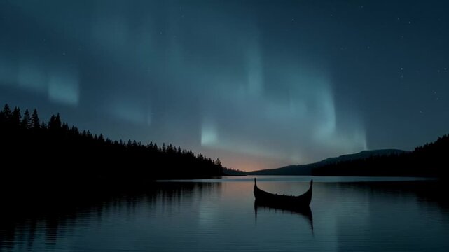 Serene northern lights over a tranquil lake, a lone canoe silhouetted against the twilight sky, perfect for winter solstice reflections and adventures