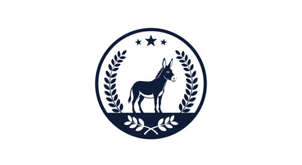 US Democratic party political symbol featuring a donkey inside a circular frame with stars and a laurel wreath on a white background.